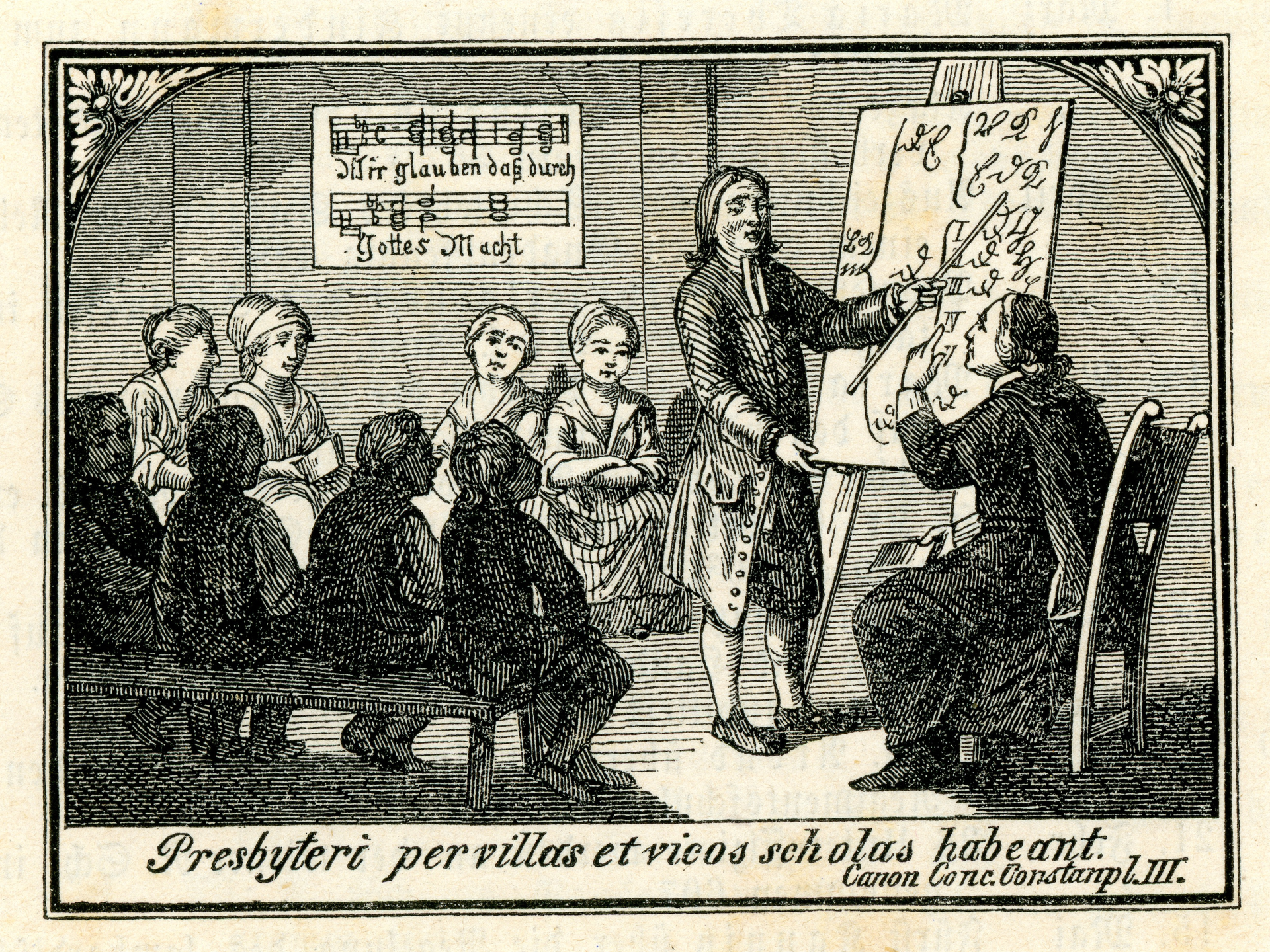 Stilizirana upodobitev pouka ob koncu 18. stoletja v prvem znanstvenem pregledu zgodovine državnega izobraževalnega sistema v Avstriji.