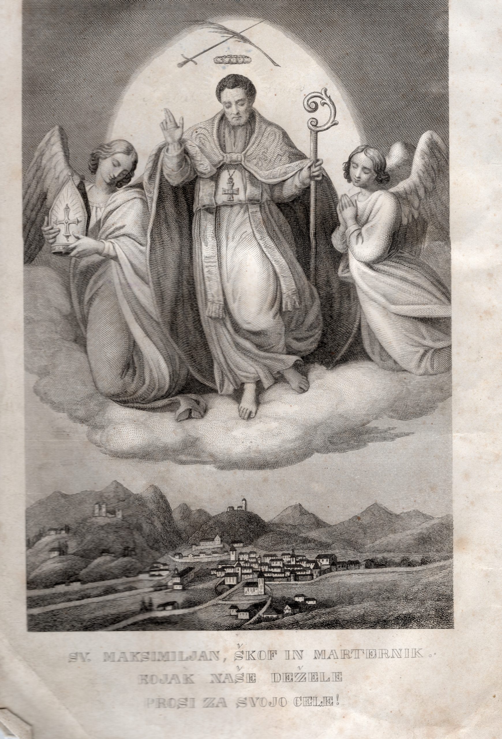Stilizirana upodobitev sv. Maksimilijana (ok. 230–284), škofa in mučenca v starorimski Celeji (predhodnici mesta Celje), iz notranje naslovne strani priročnika za podeželsko mladino Blaže in Nežica v nedeljski šoli (1842, tretja izdaja 1857). Delo, posvečeno pobožnosti, delovnim navadam in splošno razgledanemu življenju, je sestavil Anton Martin Slomšek (1800–1862), duhovnik, profesor v celovškem semenišču, narodni buditelj in kasnejši lavantinski/mariborski škof. Knjižnica Slovenskega šolskega muzeja, sig. 6130.